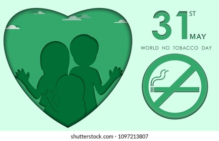 World No Tobacco Day Concept. 31 MAY Stop Smoking. family in green heart on city landscape. paper cut style. vector illustration eps10.