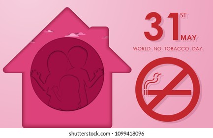 World No Tobacco Day Concept. 31 MAY Stop Smoking. family in pink home on city landscape. paper cut style. vector illustration eps10.