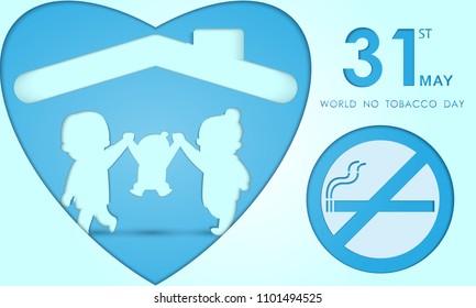 World No Tobacco Day Concept. 31 MAY Stop Smoking. family and home logo in blue heart with sing no smoking. paper cut style. vector illustration eps10.