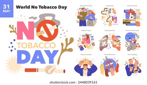 World No Tobacco Day concept. Awareness of the dangers and global impact of smoking. Health risks, economic costs, quitting benefits depicted. Vector illustration.