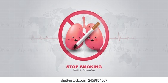 World no tobacco day, a concept for stop smoking. heart bit line and cigarette. dangers of smoking. smoking effect on lung with people around and family. vector design.