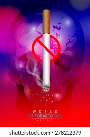 World no tobacco day: Create a cigarettes and the skull image on a dark red  and blue background.