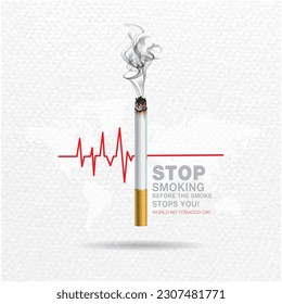 World No Tobacco Day Creative concept. 3D vector illustration. Heartbeat line and cigarette. And Background of world map.