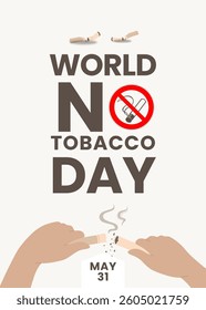 World No Tobacco Day design concept for poster, banner, background, with hand breaking off a cigarette vector illustration.