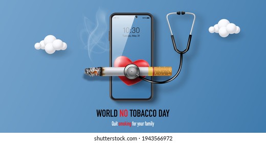 World No Tobacco day, heart with cigarette and stethoscopes on smartphone screen.