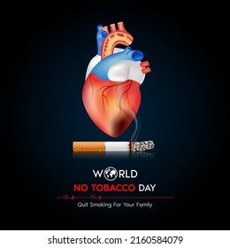 World No Tobacco Day. Heart bit line and cigarette on a black background. Dangers of smoking. Smoking effect on lung with people around and family. 3D vector Illustration.