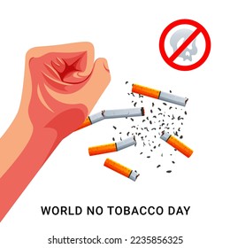 World no tobacco day, illustration of a man's hand destroying a cigarette, smoking cessation campaign