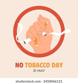 World No Tobacco Day illustration. May 31st World No Tobacco Day banner design. Hand squeezes cigarettes. Flat vector illustration.