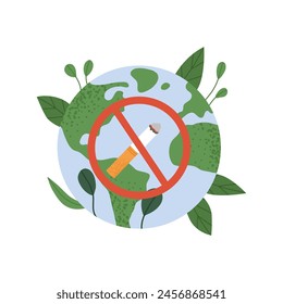 World no tobacco day illustration. A cigarette against the background of the planet earth in crossed out red circle.