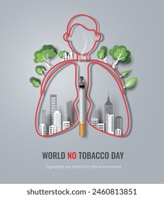 World No Tobacco day, Man with a big lung and a polluted city inside. paper illustration, and 3d paper.