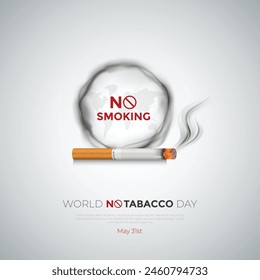 Mapa del mundo del Día Mundial sin Tabaco y antecedentes de cigarrillos. Idea de diseño creativo para póster, Ilustración vectorial de Anuncio.