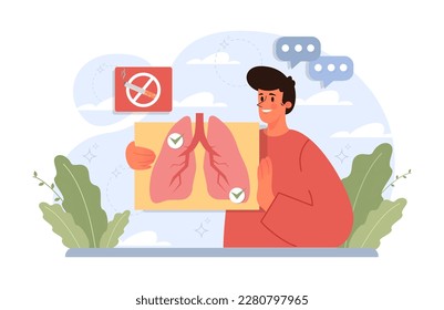 World No Tobacco Day. May 31st campaign banner. Character breaking a harmful and unhealthy addiction or bad habit. Healthy lungs with flowers. Flat vector illustration