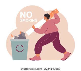 World No Tobacco Day. May 31st campaign banner. Character breaking a harmful and unhealthy addiction or bad habit. Smoking risk and danger awareness day. Flat vector illustration