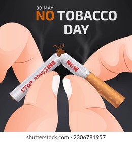 World No Tobacco Day May 31. A hand in close-up broke away a cigarette. Dark black background. The concept of stopping tobacco and nicotine addiction.  Creative design idea for poster, banner vector.