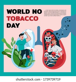 World no tobacco day poster or banner. Male nonsmoker's lung and smoker's lung. Stop smoking and awareness healthcare concept. Cartoon vector illustration in flat style.