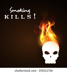 World No Tobacco Day poster, banner or flyer design with human skull in flame and stylish text Smoking Kills on brown background. 