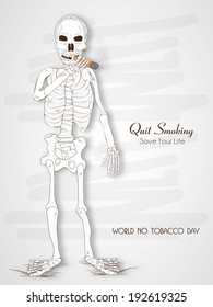 World No Tobacco Day poster, banner or flyer design with human skeleton and stylish text No Smoking on grey background.