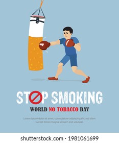 Diseño de afiches del Día Mundial sin Tabaco el 31 de mayo. Un hombre que le da un puñetazo a una bolsa de arena de boxeo define a un hombre que está luchando por dejar de fumar.