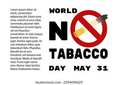 World no tobacco day poster template. Bold typography and crossed out cigarette. May 31. Horizontal banner, flyer with copy space for text. Vector illustration