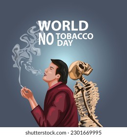 afiche del día mundial del tabaco. un joven fumando cigarrillo con esqueleto. diseño de ilustración de vector abstracto