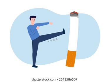 World No Tobacco Day poster design. Man kicking cigarette defines to a man is fighting to quit smoking. Stop smoking poster for disease warning. No smoking banner.