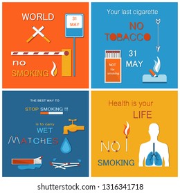 World no tobacco day set of posters asking to stop smoking, 31 May date when you smoked last cigarette, human silhouette with ill lungs, harmful habit