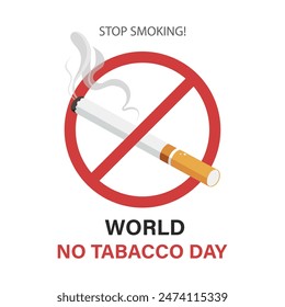 World No Tobacco Day, no smoke banned smoking, design for social media banner, poster. Stop smoking, no smoking forbidden sign. Lighted cigarette with smoke. Illustration