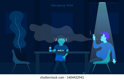 World No Tobacco Day. Why Daddy Smoking When I Eat Some Food. Your Children Say. Dinner In Emergency Room With My Father.  Vector Illustration Eps10