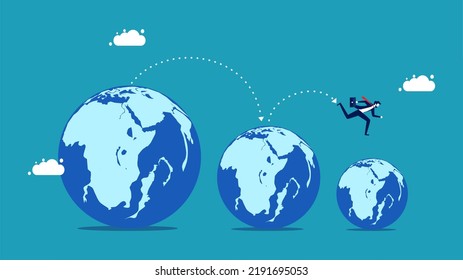 The World Is Not Growing. Businessman Running On A Shrinking World. Vector