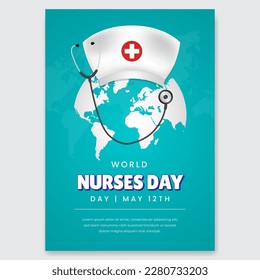 World Nurses Day May 12th flyer design with hat stethoscope and globe illustration on blue background