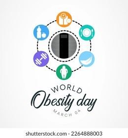 El 4 de marzo se celebra cada año el Día Mundial de la Obesidad, con el fin de promover soluciones prácticas para poner fin a la crisis mundial de la obesidad. Ilustración del vector