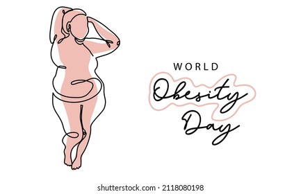 World obesity day simple vector poster, banner, background. Fat woman, girl and her slim silhouette. One continuous line art drawing illustration of fat , overweight woman.