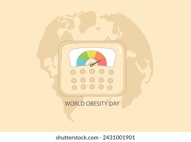 World obesity day template. Scale with overweight indicator on map background. Vector illustration.