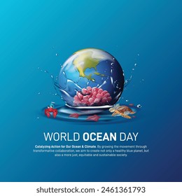 world ocean day 2024. world ocean day creative concept banner, poster, social media post, template, background design vector illustration. Catalyzing Action for Our Ocean and Climate.