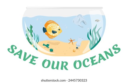 World Ocean Day. An aquarium in the form of an ocean with pollution. Garbage in the ocean. Poster, banner save our ocean. An aquarium with fish.