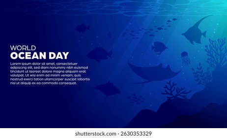 World Ocean Day Background - Deep Sea or Underwater Vector Illustration Banner For Eco-Awareness Campaigns, Environmental Posters, Nature-Themed Events, Promotions, Social Media post and Web Banner
