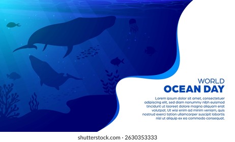 World Ocean Day Background - Deep Sea or Underwater Vector Illustration Banner For Eco-Awareness Campaigns, Environmental Posters, Nature-Themed Events, Promotions, Social Media post and Web Banner
