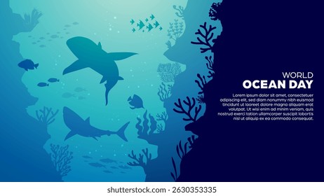 World Ocean Day Background - Deep Sea or Underwater Vector Illustration Banner For Eco-Awareness Campaigns, Environmental Posters, Nature-Themed Events, Promotions, Social Media post and Web Banner
