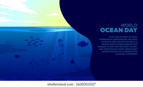 World Ocean Day Background - Deep Sea or Underwater Vector Illustration Banner For Eco-Awareness Campaigns, Environmental Posters, Nature-Themed Events, Promotions, Social Media post and Web Banner
