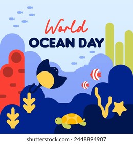 World ocean day background. Flat world oceans day instagram posts.Flyer template for world oceans day celebration