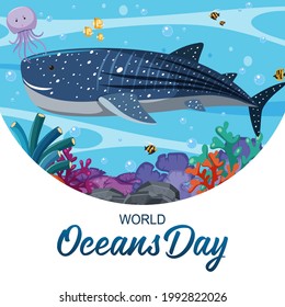 World Ocean Day banner with a big whale and other sea animals illustration