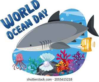 World Ocean Day banner with a big shark and sea animals illustration