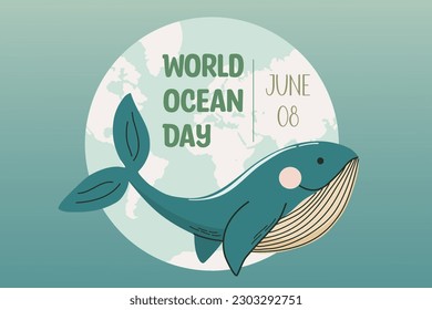 Cartel del Día Mundial del Océano. Ballena azul como símbolo del océano. Ilustración vectorial de estilo plano.