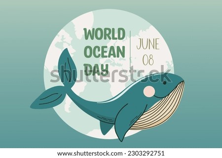 World Ocean Day banner. Blue whale as Ocean symbol. Flat style vector illustration.