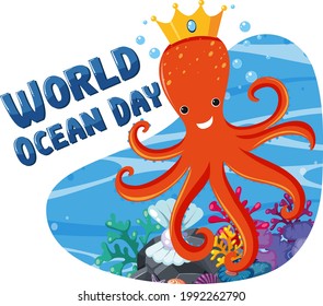 World Ocean Day banner with cute octopus cartoon character illustration