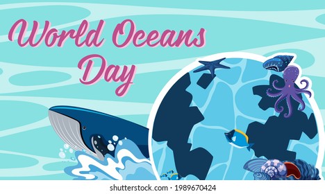 World Ocean Day banner with many different sea animals illustration