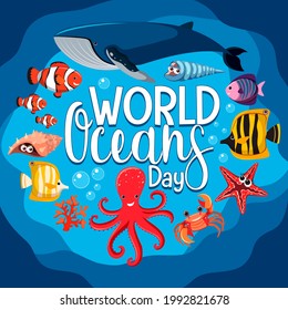 World Ocean Day Banner With Many Different Sea Animals Illustration