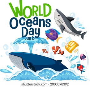 World Ocean Day banner with many different sea animals illustration