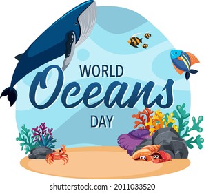 World Ocean Day banner with many different sea animals illustration