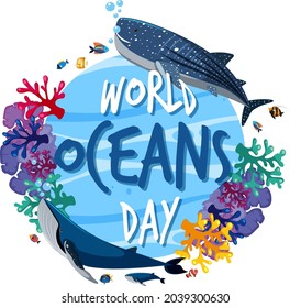 World Ocean Day banner with many different sea animals illustration
